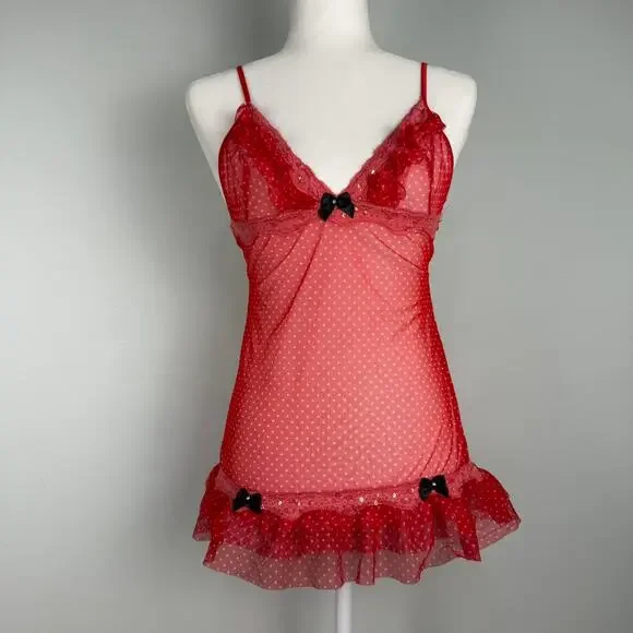 Red polka dot lace babydoll teddy mini slip dress bow lingerie - Leg Avenue - Picture 2 of 8